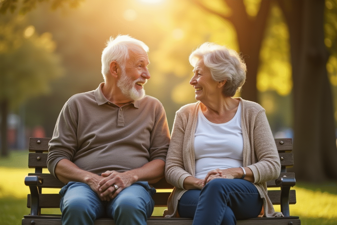 Couple agee assis sur un banc dans un parc ensoleille