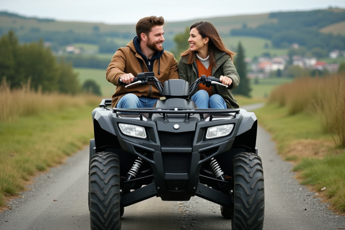 Couple souriant sur un quad deux places en pleine nature