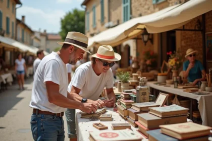 Couple en été regardant des jouets anciens lors d'un vide grenier