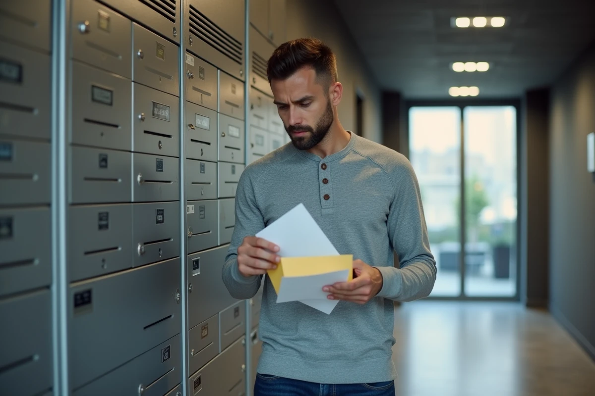 Homme découvrant du courrier mal acheminé dans les boîtes aux lettres d'un immeuble lors d'un changement d'adresse