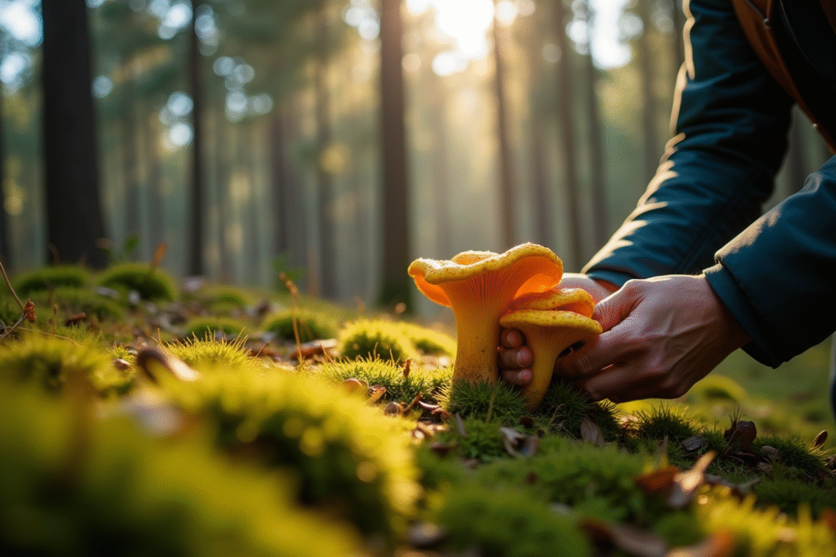 Personne cueillant des girolles dans une forêt ensoleillée