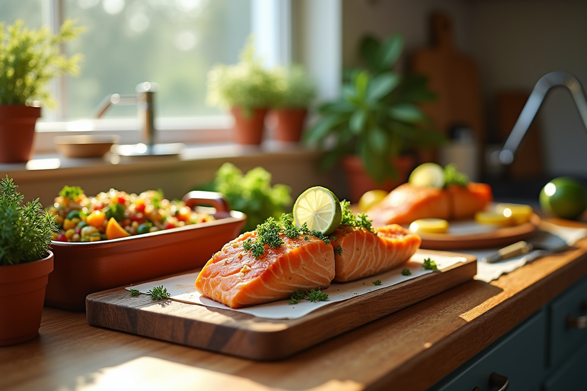 Cuisine moderne avec salade de quinoa et poisson frais