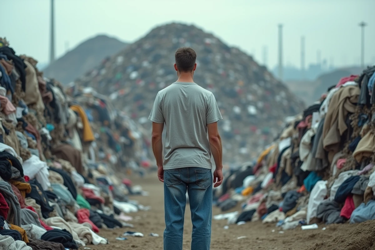 Homme devant une décharge de vêtements usés en plein air