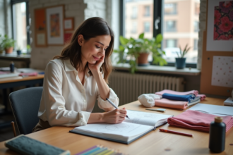 Femme créant des motifs textiles dans son atelier