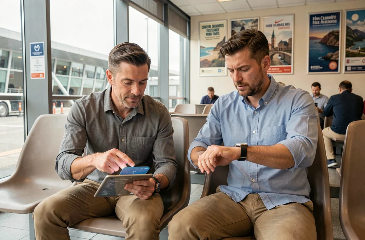 Deux hommes coordonnant leurs horaires de prière sur une tablette dans un terminal de transport à Nantes