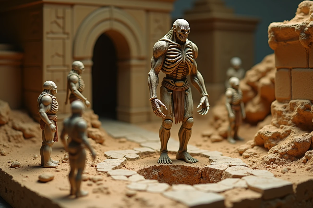 Diorama miniature de titans primordiaux sur paysage fracturé, représentant les enjeux du conflit Eldia-Mahr dans un cadre muséal
