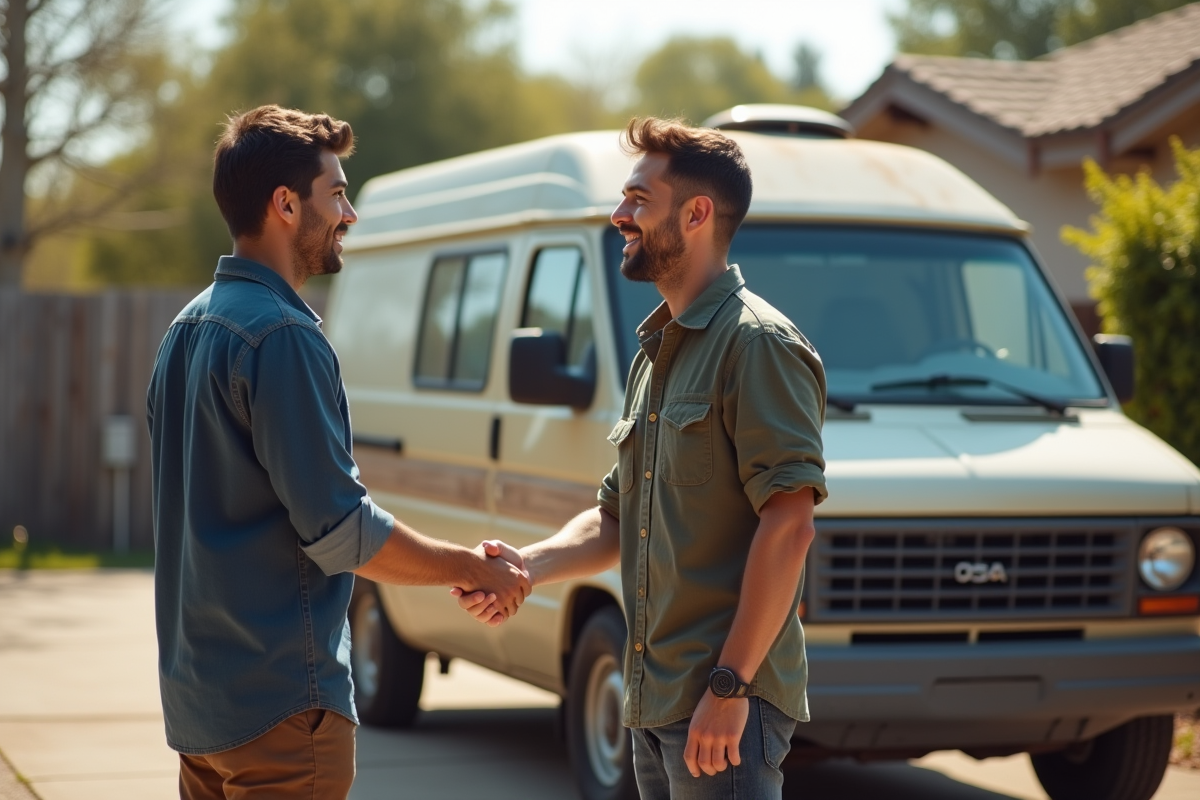 Jeune homme serrant la main du vendeur devant un vieux van