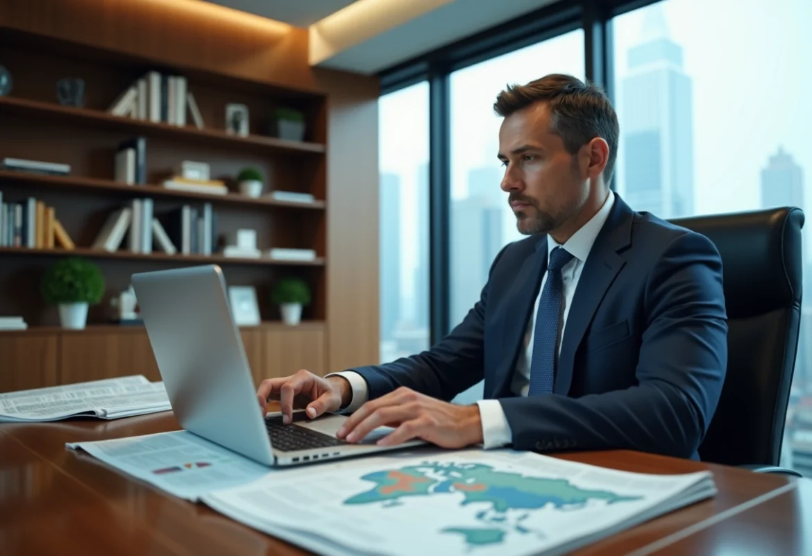 Economiste homme en costume analysant une carte du monde