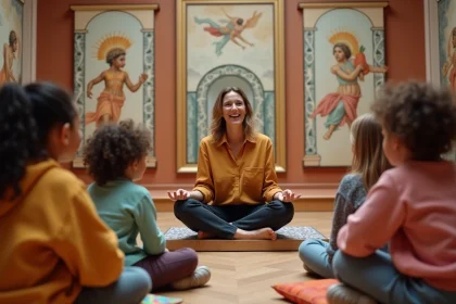 Une éducatrice raconte des mythes grecs sur Hermès à des enfants dans un musée décoré de fresques antiques