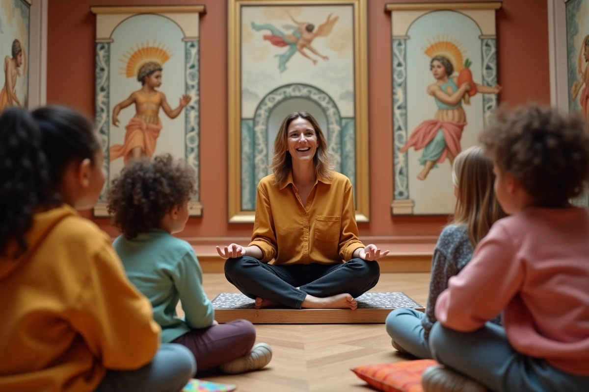 Une éducatrice raconte des mythes grecs sur Hermès à des enfants dans un musée décoré de fresques antiques