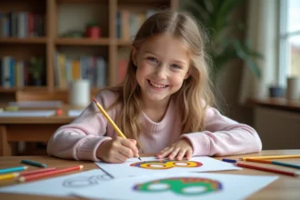 Jeune fille coloriant un masque de carnaval avec des crayons