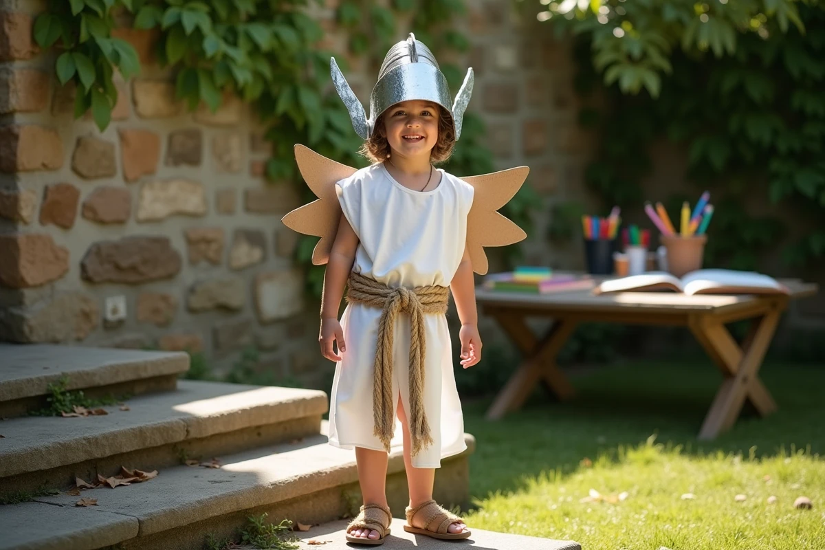 Un enfant déguisé en Hermès avec un casque ailé artisanal dans un jardin de pierre