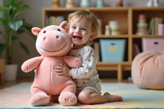 Enfant en bas âge souriant tenant un hippopotame en peluche rose dans une salle de jeux colorée