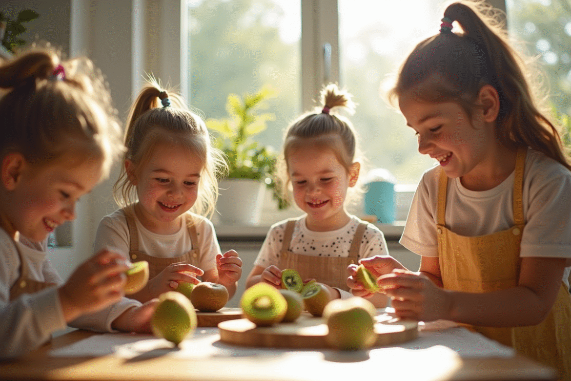 Enfants souriants en cuisine préparant des recettes au kiwi