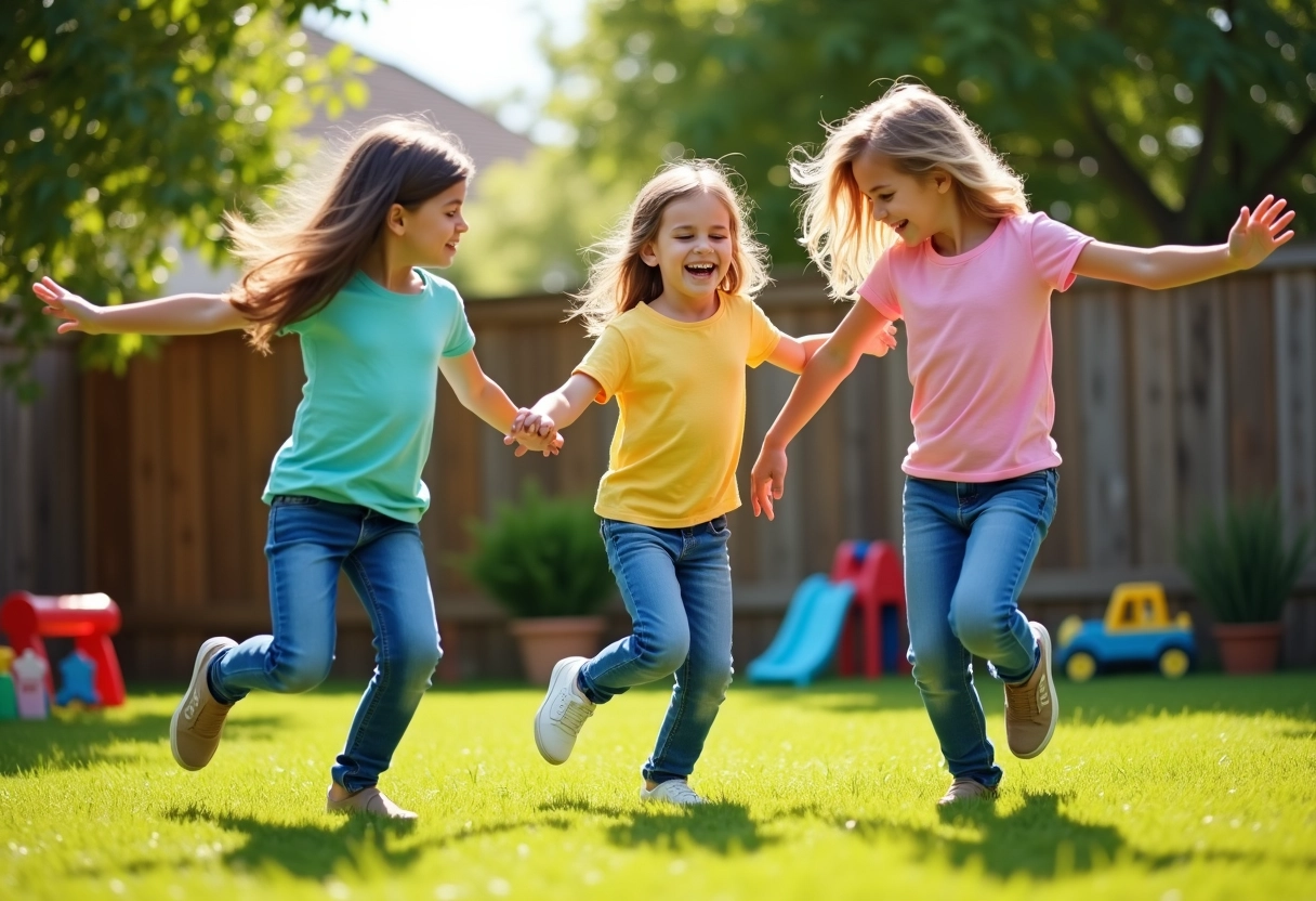 Trois enfants qui dansent dans un jardin ensoleille
