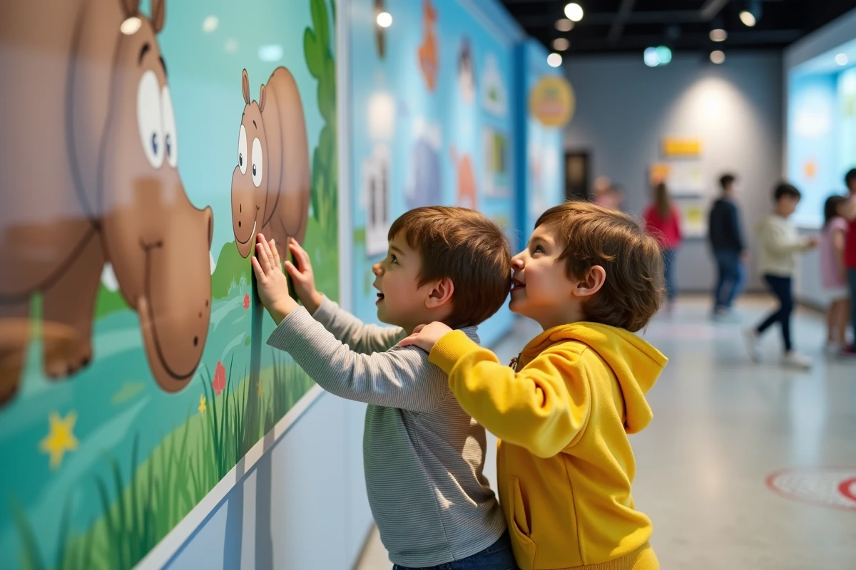 Deux jeunes enfants observant un panneau illustré avec un hippopotame dans un musée interactif pour enfants