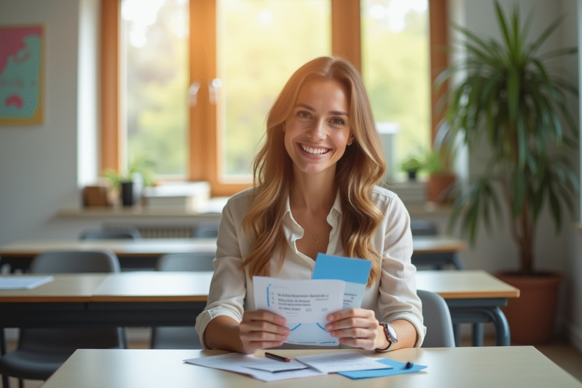 Enseignante souriante tenant des chèques vacances dans une classe