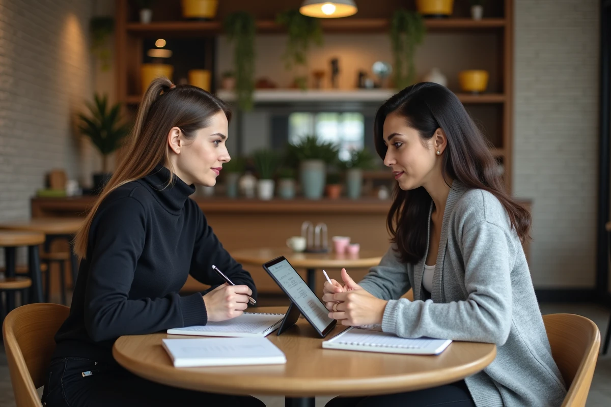 Deux entrepreneures discutant d'une stratégie de prix pour éviter de sous-évaluer leur contenu numérique dans un café moderne