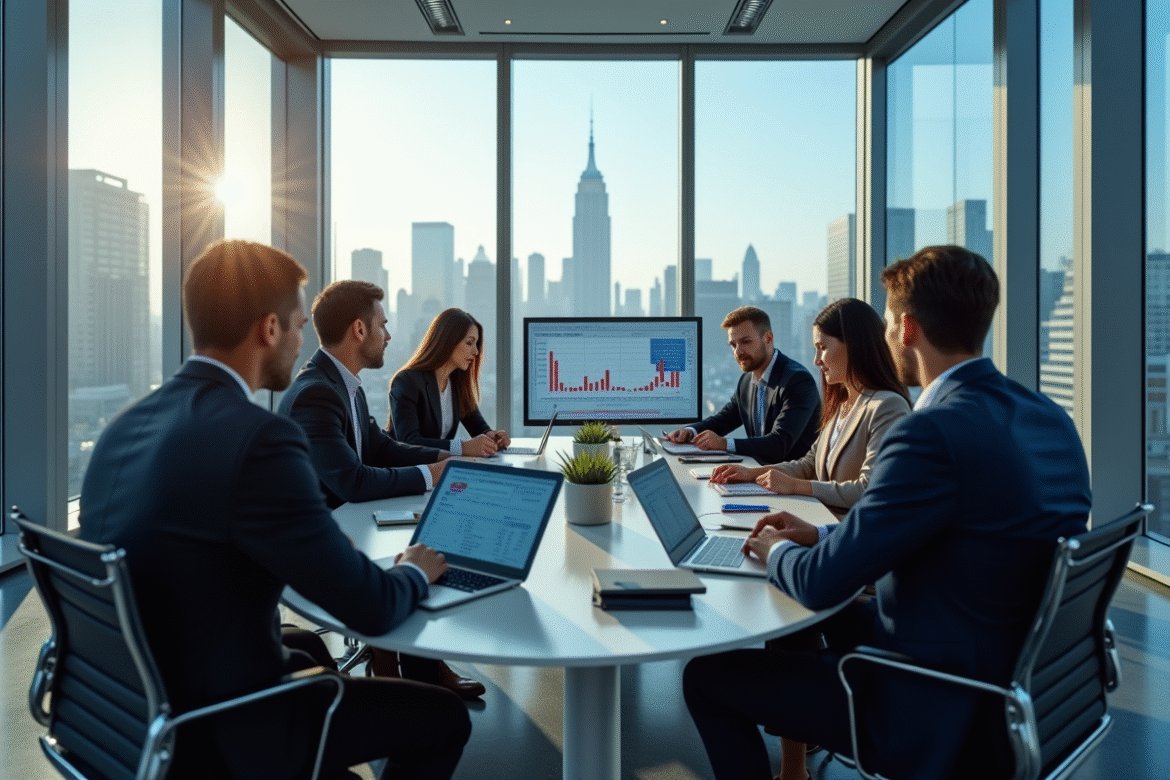 Groupe de professionnels en réunion analysant des graphiques financiers