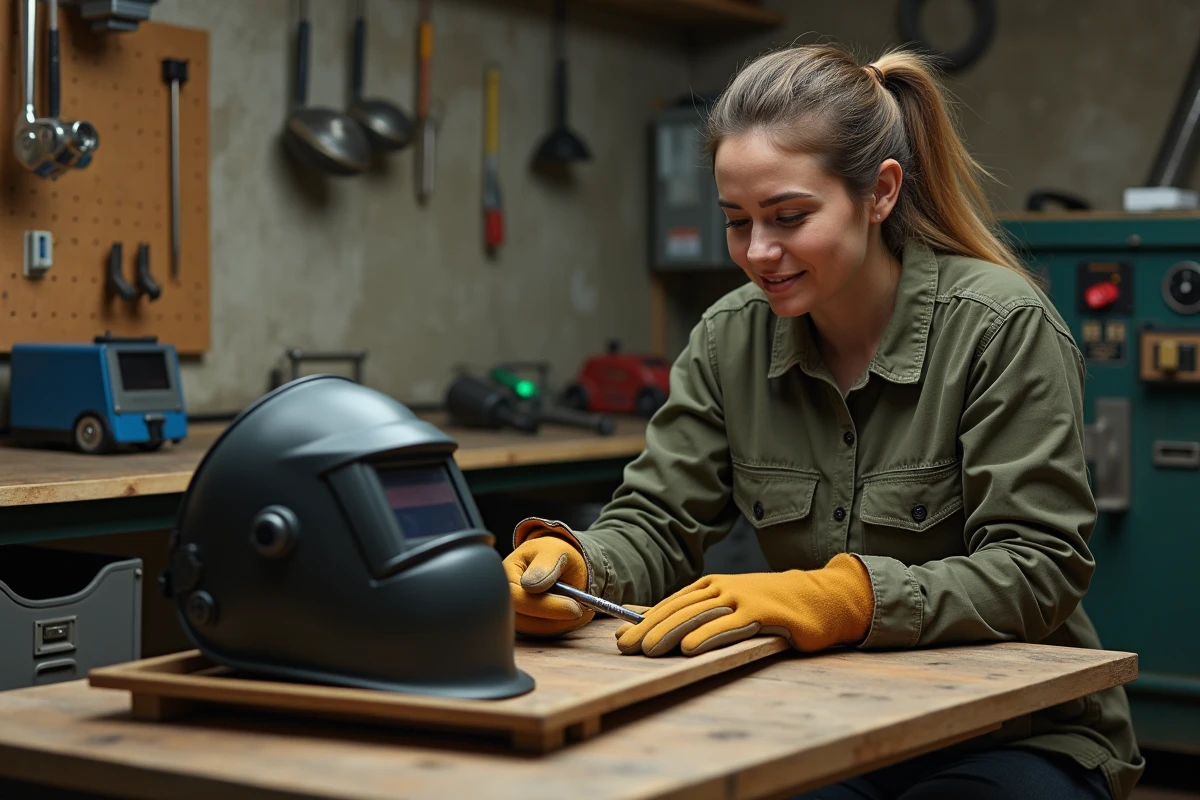 Femme vérifiant et organisant ses équipements de protection individuelle pour la soudure sur un établi d'atelier