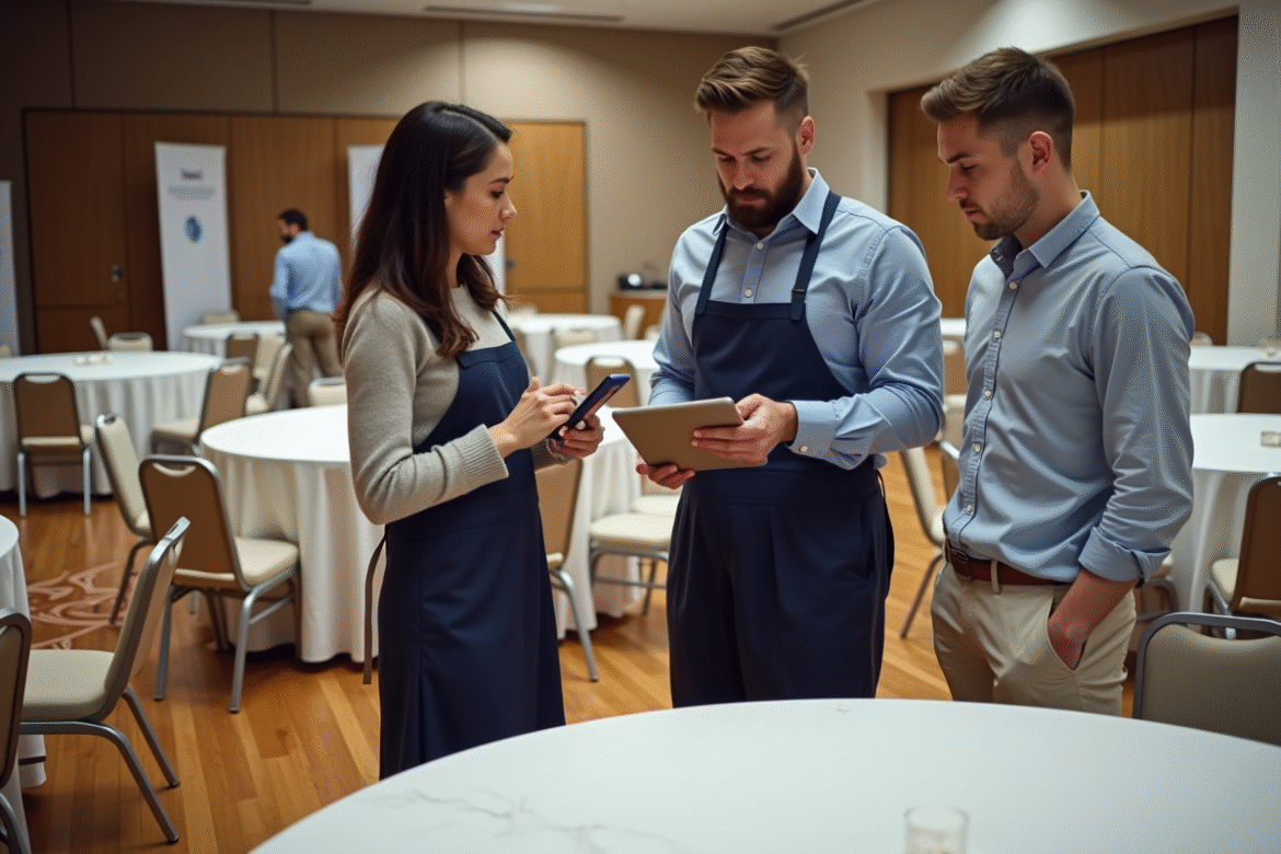 Trois organisateurs d'événements vérifiant une checklist sur une tablette