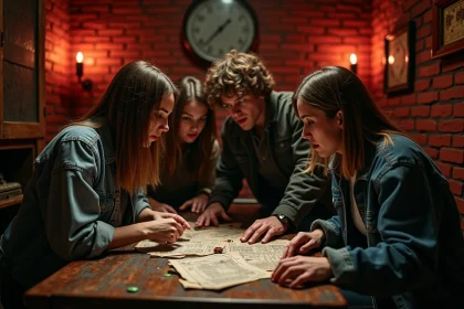 Groupe de joueurs concentrés dans une salle d'escape game à thème horreur à Lyon, entourés de décors vintage et d'indices mystérieux