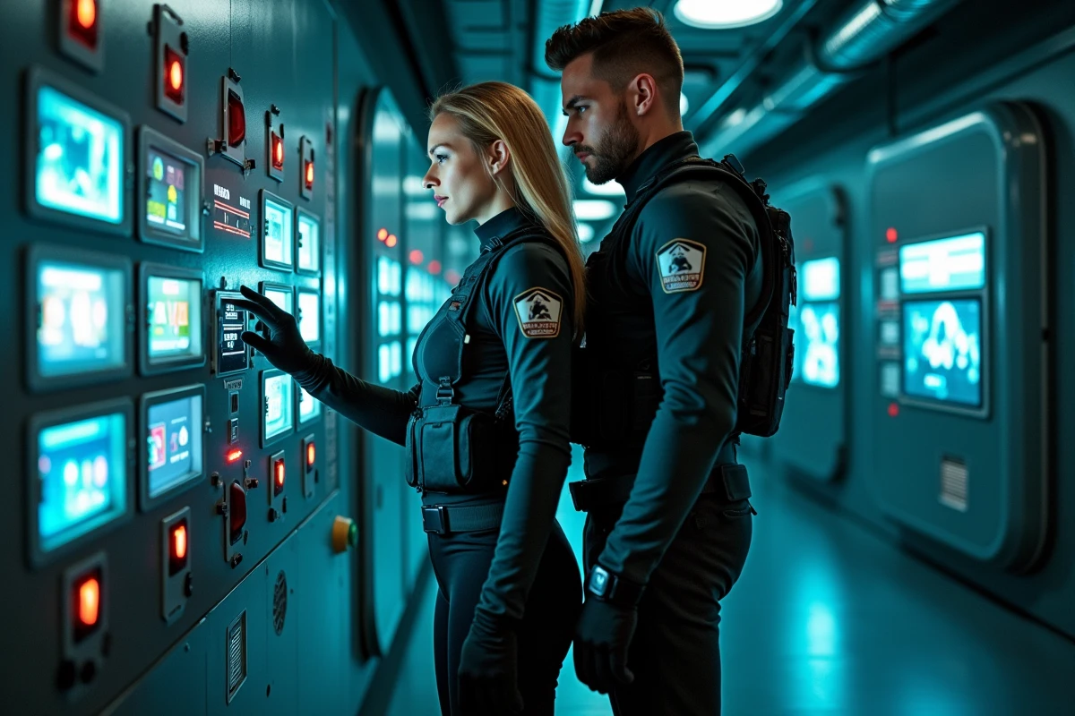 Deux joueurs explorant une salle d'escape game à thème science-fiction à Lyon avec panneau de contrôle futuriste et décors high-tech
