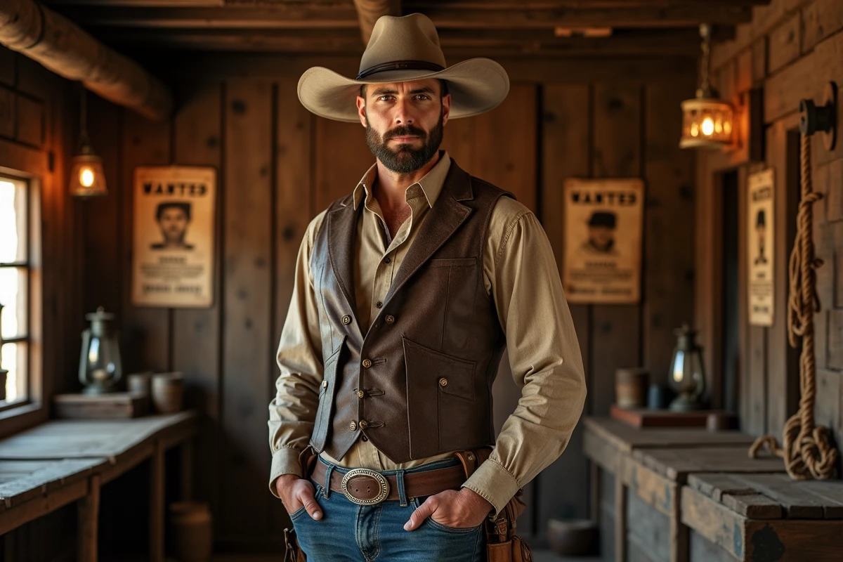 Joueur en costume western posant dans une salle d'escape game à thème far west à Lyon avec décors authentiques de saloon