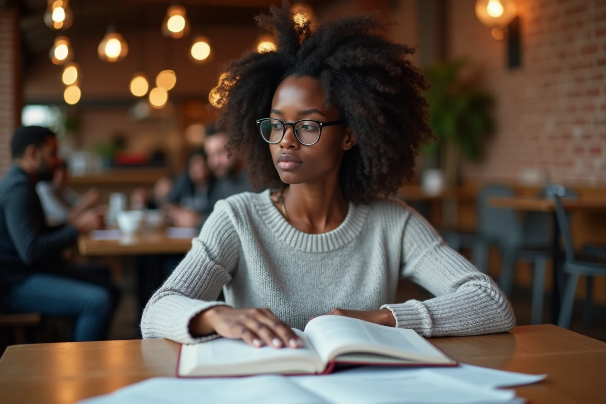 Jeune femme noire lisant des études scientifiques sur l'impact psychologique des blagues racistes dans un café