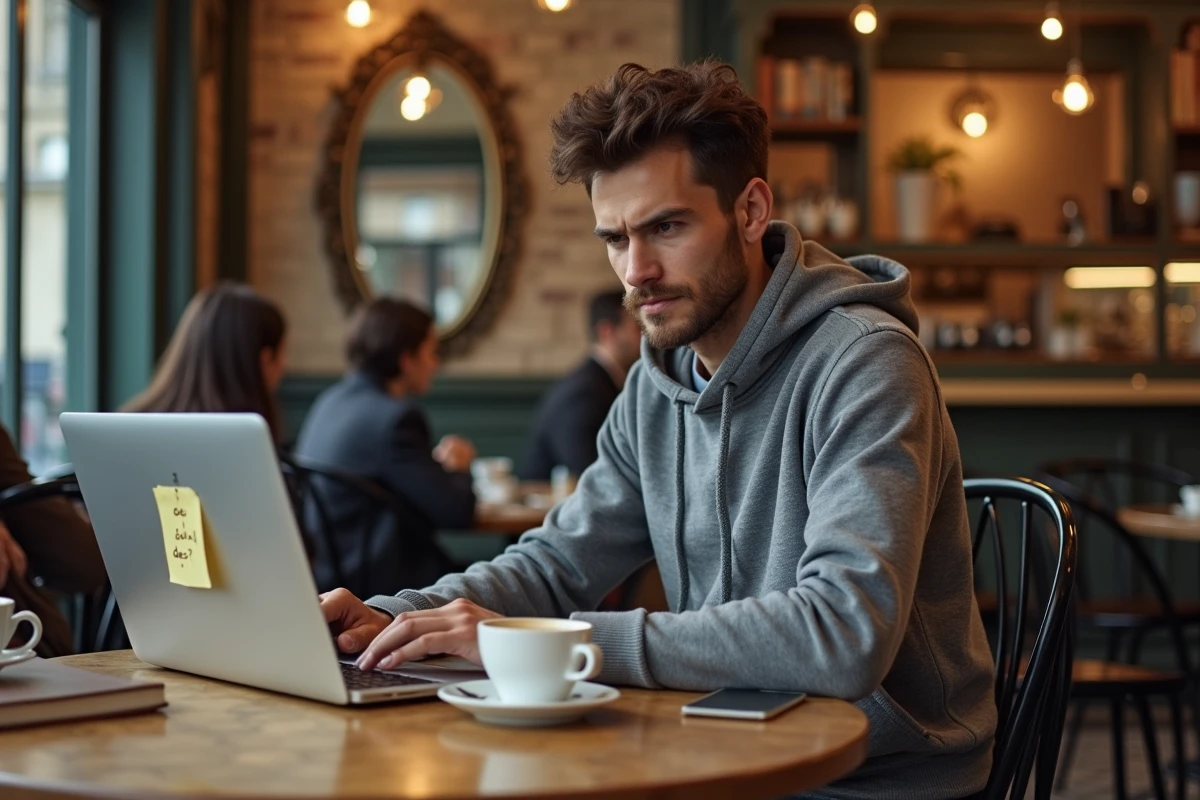 Jeune homme étudiant les règles du partitif français 'de la' dans un café parisien avec son ordinateur portable ouvert