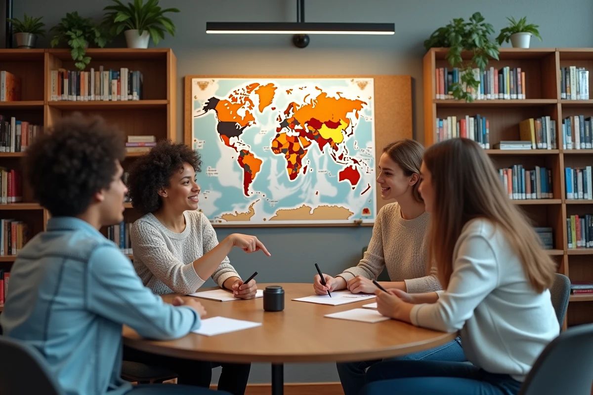 Groupe d'étudiants discutant d'une carte politique mondiale des pays et capitales en bibliothèque