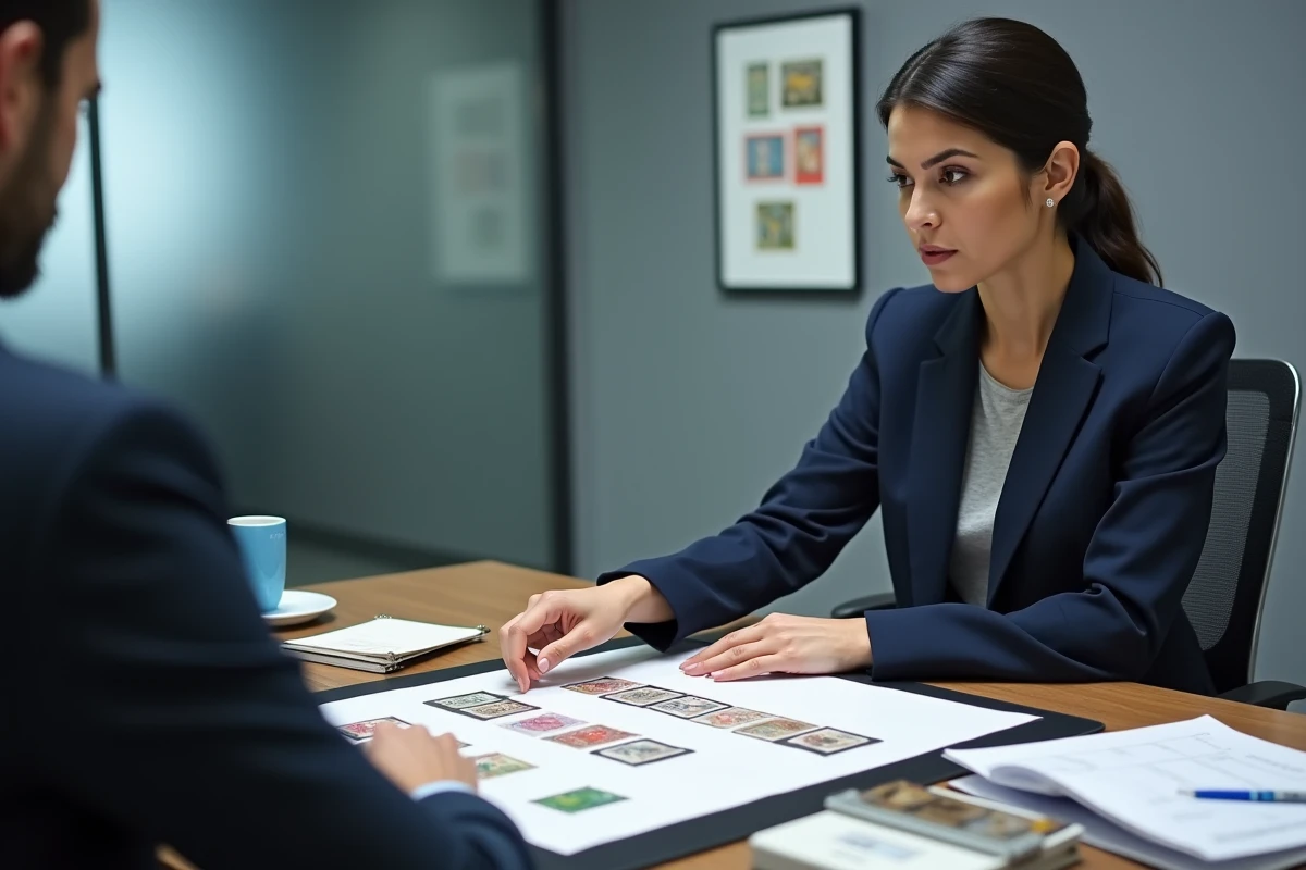 Experte en philatélie évaluant une collection de timbres avec un client dans un bureau moderne