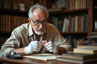 Expert philatéliste âgé examinant un timbre rare à la loupe dans un bureau de collection