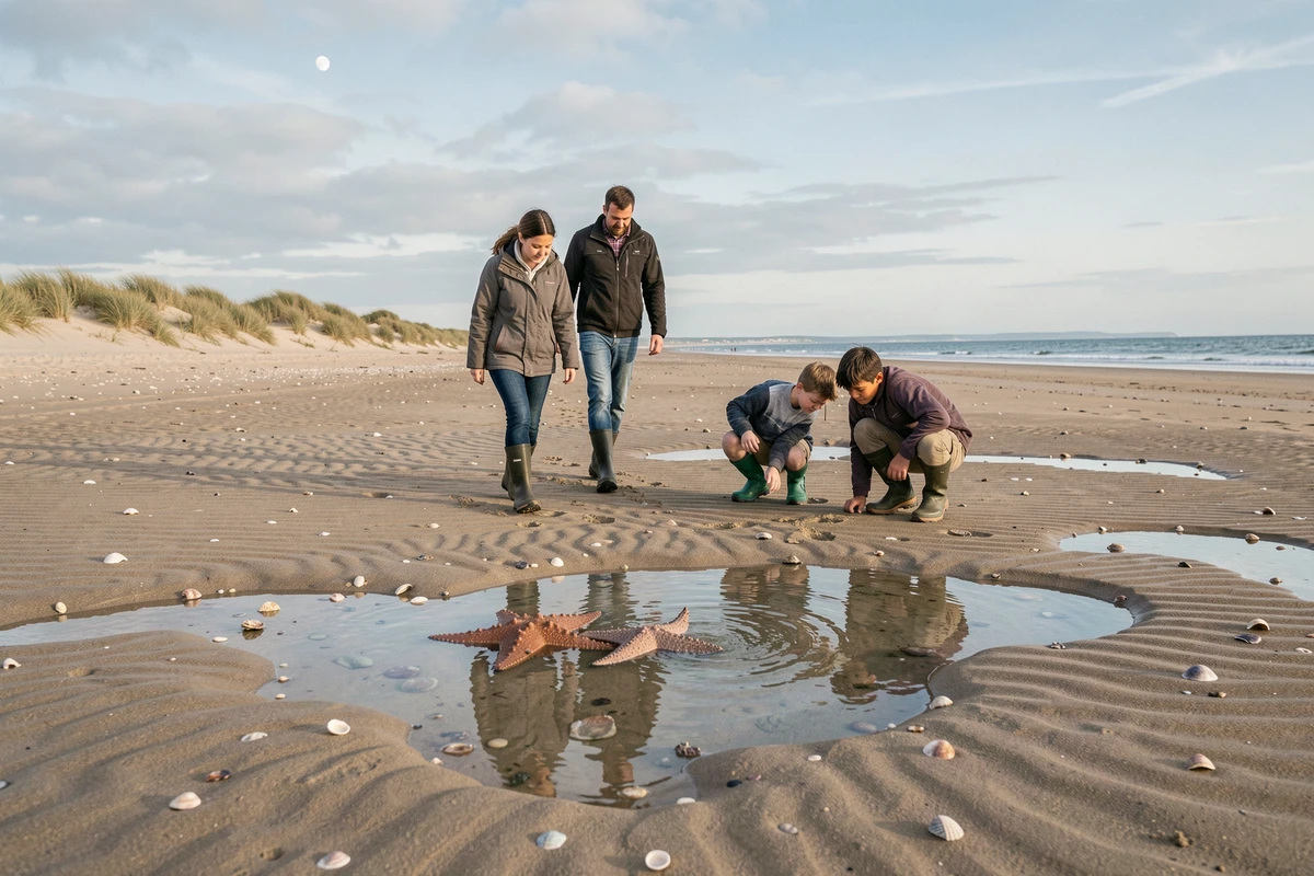 Famille en balade sur une grande plage découverte lors d'une marée basse de pleine lune, découvrant des étoiles de mer dans des mares de rochers