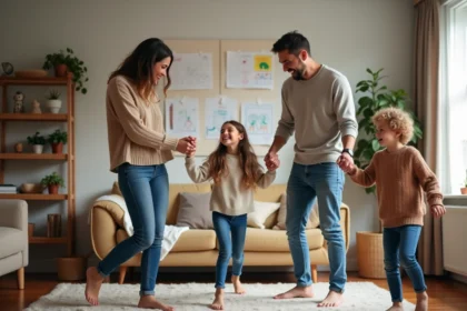 Famille multigenerational qui danse dans un salon chaleureux