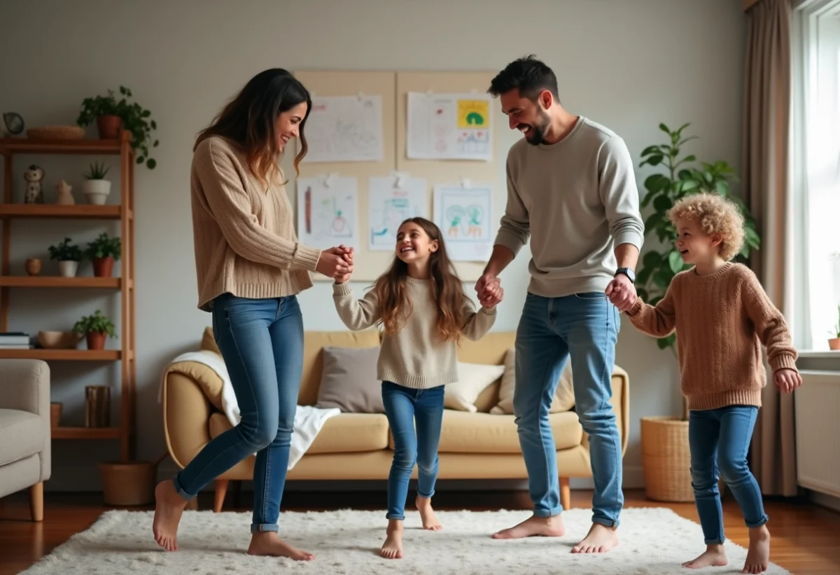 Famille multigenerational qui danse dans un salon chaleureux