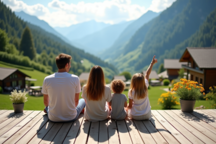 Famille de quatre sur une terrasse en bois avec vue montagne