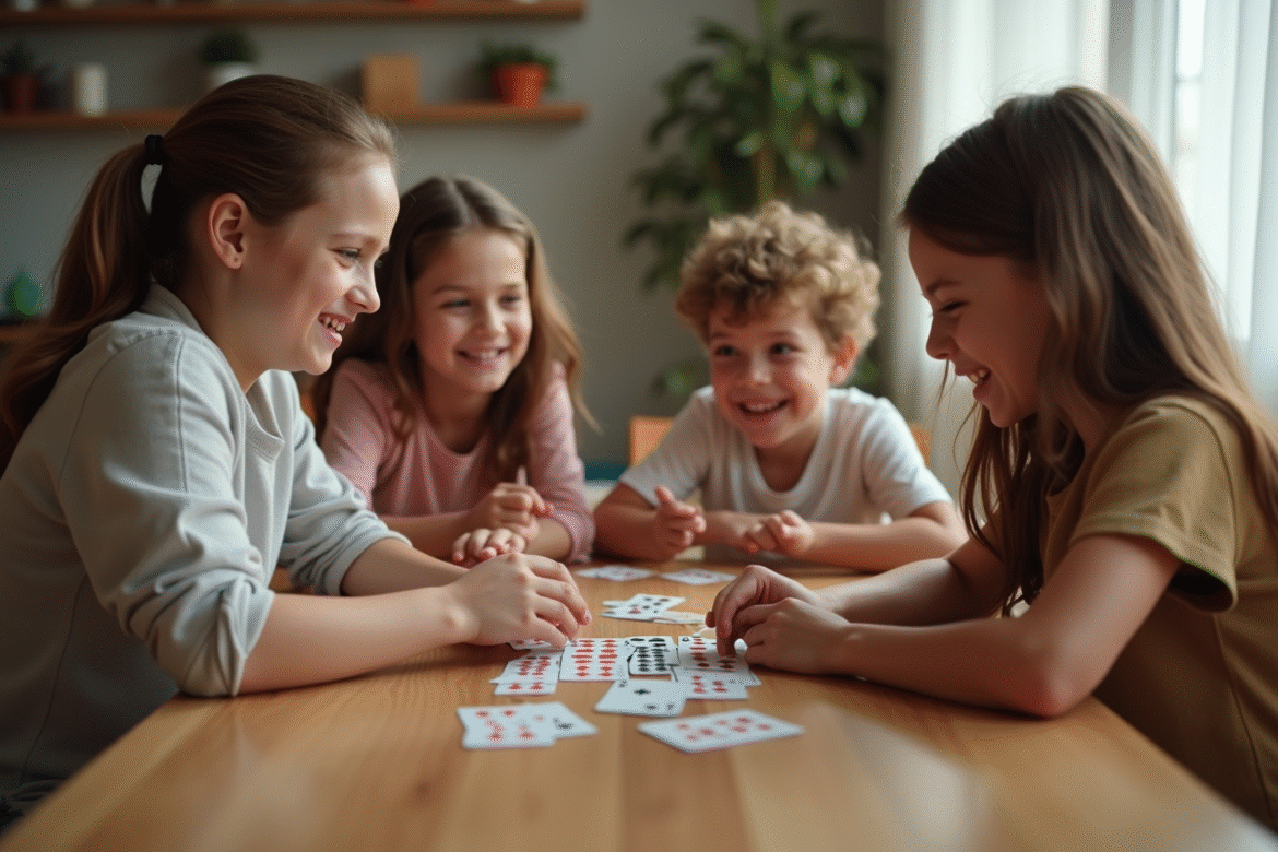 Famille jouant à SkipBo autour d'une table en lumière naturelle