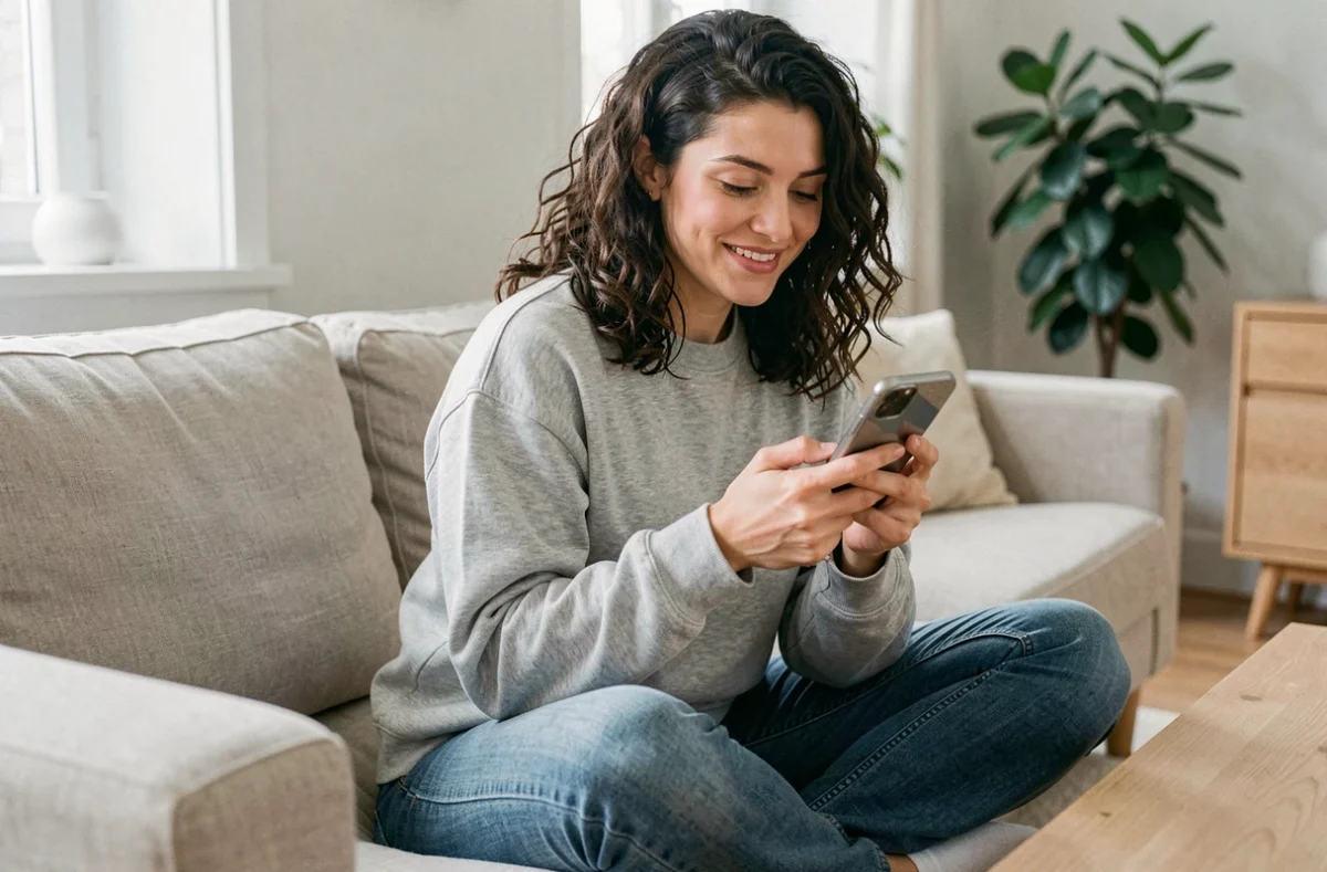 Femme parcourant le site fan de Jackson Rathbone sur smartphone dans un salon moderne