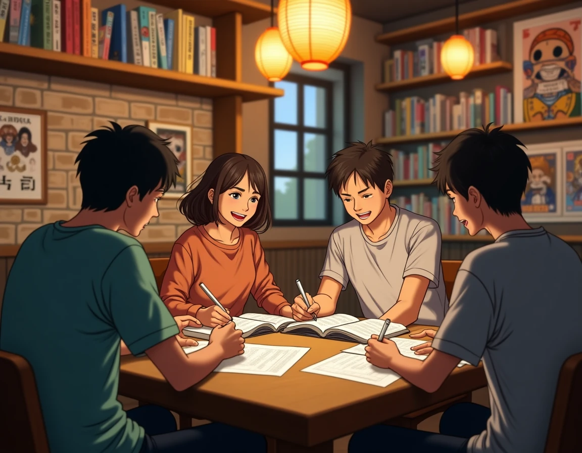 Fans de One Piece discutant des théories sur Saint Garling Figarland dans un café anime