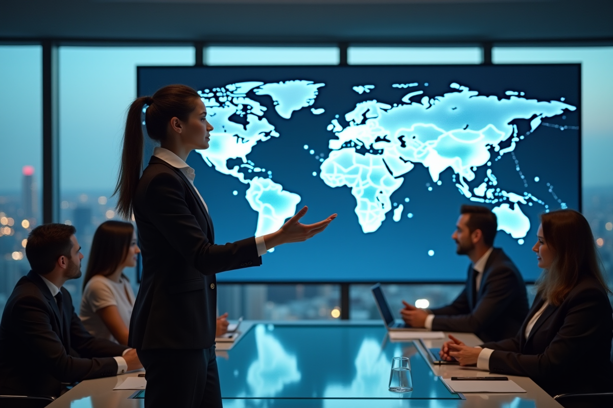 Jeune femme en business discutant devant un écran digital