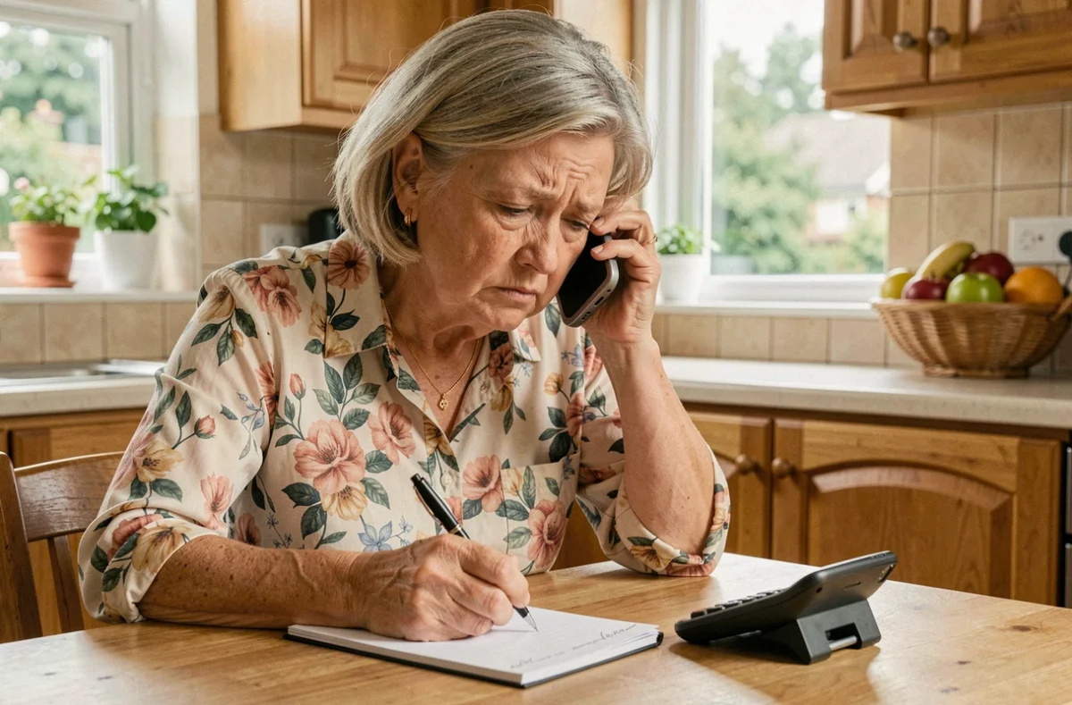 Femme âgée à la cuisine notant des informations lors d'un appel téléphonique douteux, symbolisant la prudence face aux arnaques téléphoniques