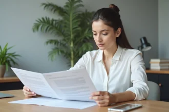 Femme professionnelle analysant un CV imprimé avec des polices de caractères variées sur un bureau en bois moderne