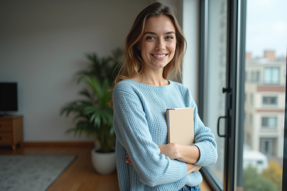 Jeune femme souriante dans un appartement moderne