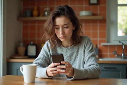 Femme regardant son téléphone avec méfiance face à un appel d'un numéro inconnu commençant par 06 72
