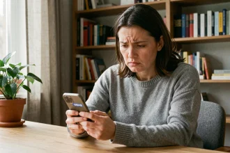 Femme méfiante regardant un numéro inconnu sur son smartphone dans un bureau à domicile, illustrant la vigilance face aux appels non sollicités