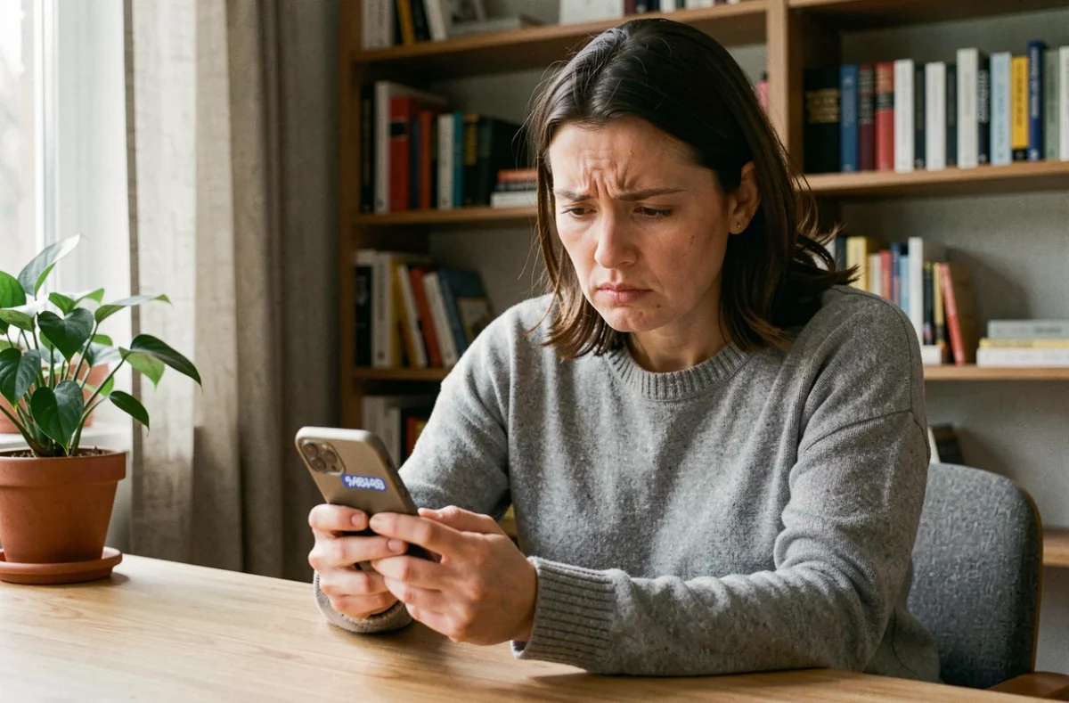 Femme méfiante regardant un numéro inconnu sur son smartphone dans un bureau à domicile, illustrant la vigilance face aux appels non sollicités