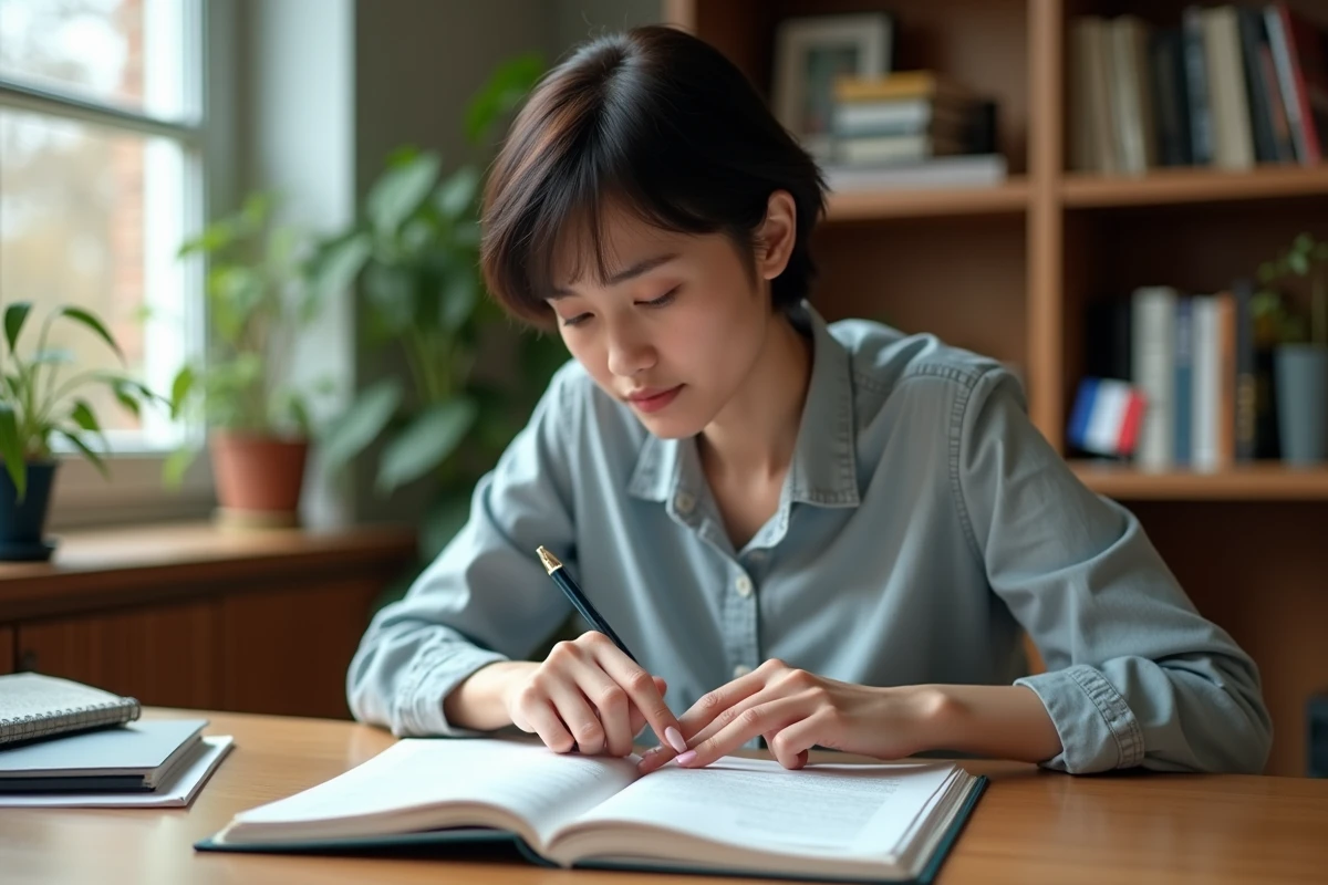 Jeune femme lisant un livre de grammaire française à son bureau