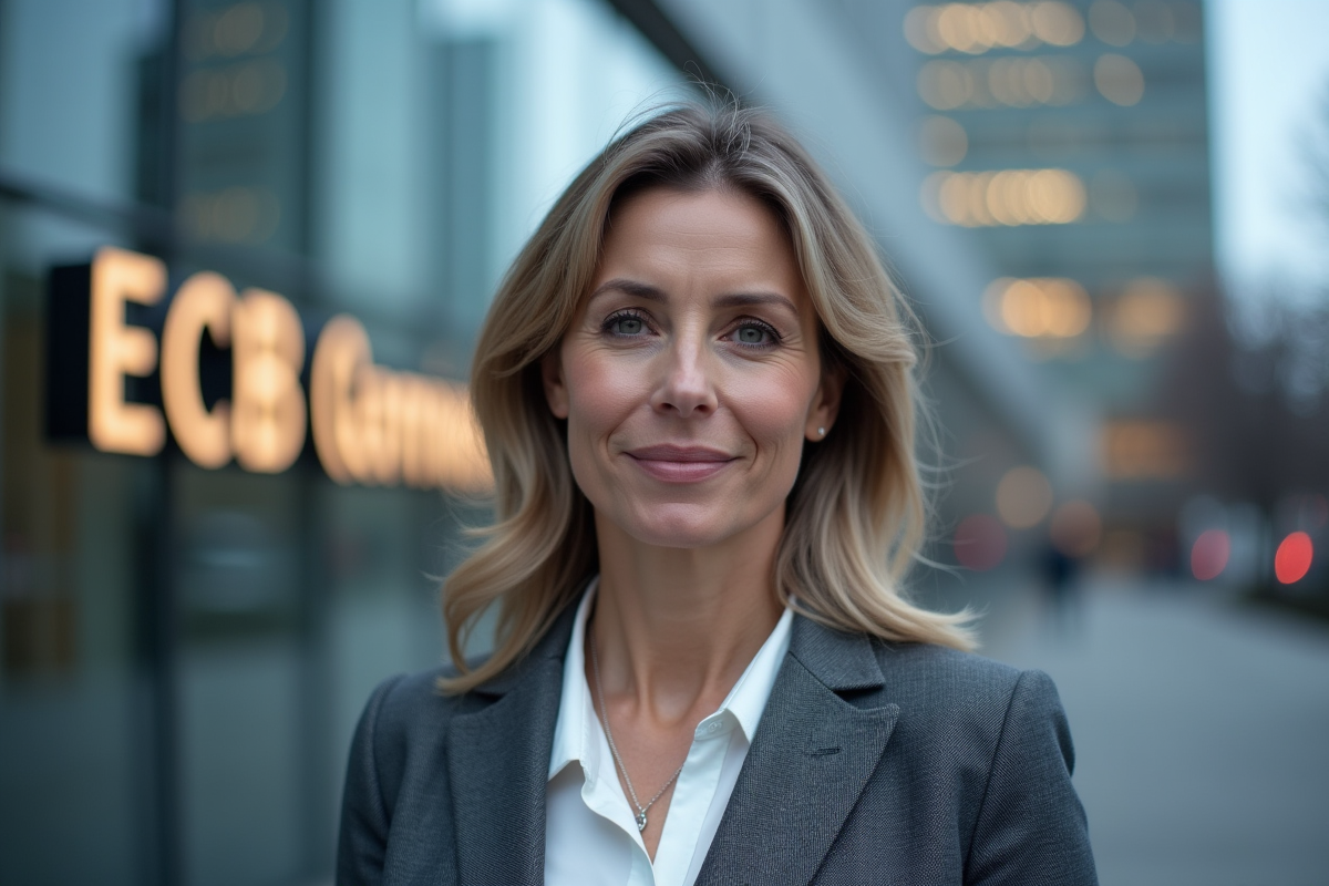 Femme debout devant le bâtiment de la BCE