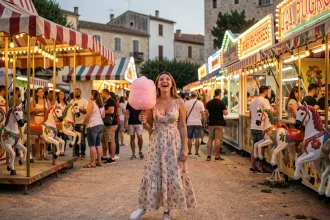 Jeune femme souriante tenant une barbe à papa rose à la fête foraine de Marseille au crépuscule